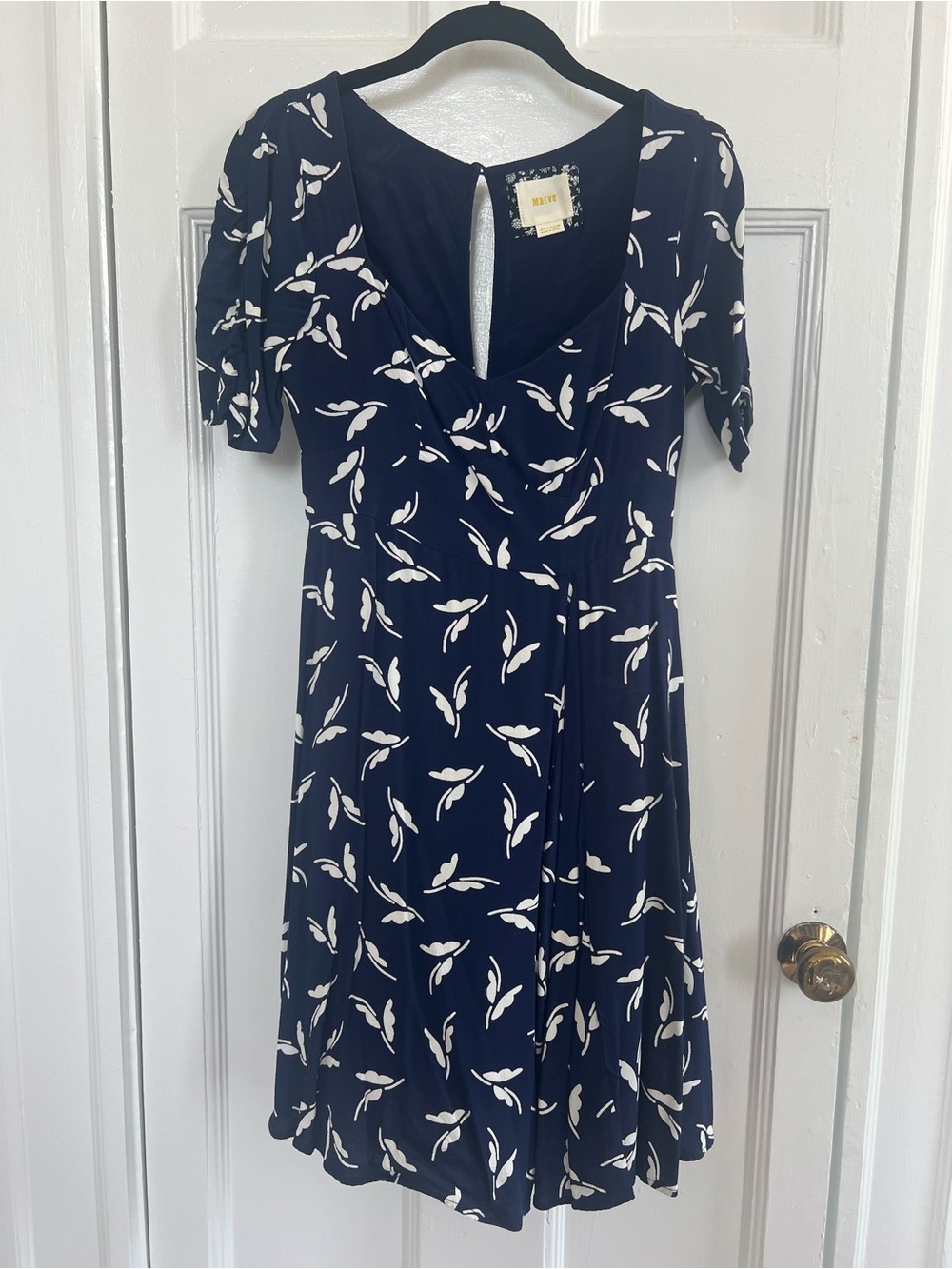 Maeve | Navy Leaf Print Fit-and-Flare Dress